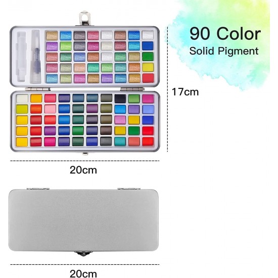 Watercolor Set of 90 colors Solid Pigment Paints 50 Basic Colors 36 Shimmer/Metallic Colors 4 Neon Colors 1 x Water Brush 1x Portable Aluminum Case